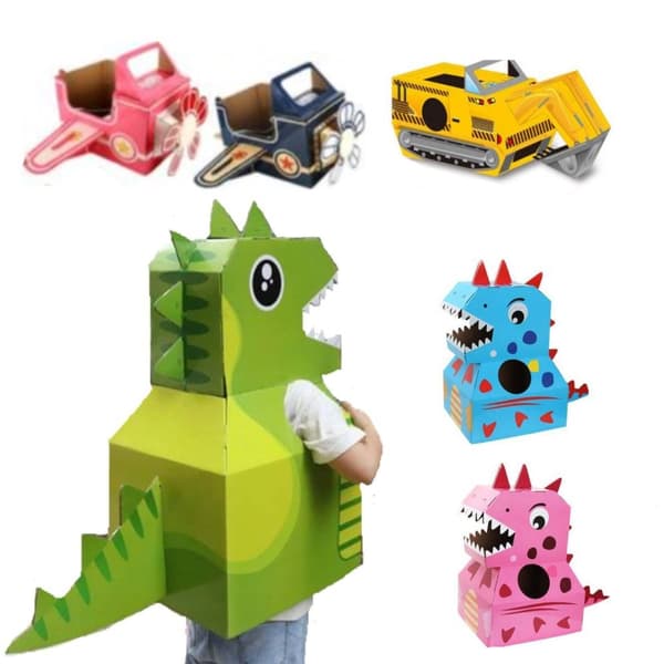 Dinosauriedräkt i papp Flygplan papp, grävmaskin papp
