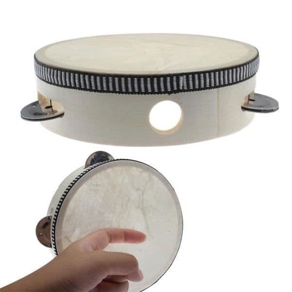 Tambour - Montessori - med cymbaler - trä och lammhud - 15 x 15 x 3,8 cm