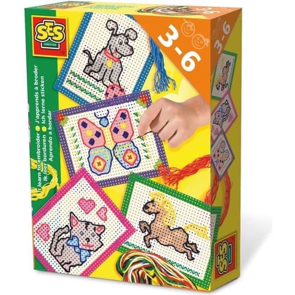 SES CREATIVE - Jag lär mig att brodera - Förtryckta och perforerade kort - Canvas med stora hål - För barn över 3 år