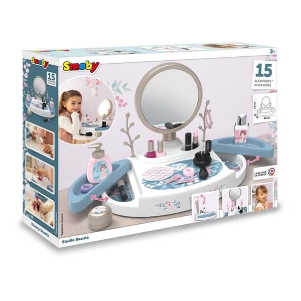 Smoby - My beauty studio - Sminkbord med lutande och avtagbar spegel - 15 dummy-tillbehör - Made in France