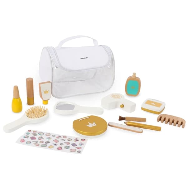 Mamabrum Sminkset för Barn 3+, 15 Delar, Träaccessoarer + Sminkväska, Hållbar och Säker Leksak för Flickor, Kreativ Lek, Rollspel