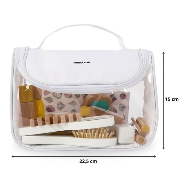 Mamabrum Sminkset för Barn 3+, 15 Delar, Träaccessoarer + Sminkväska, Hållbar och Säker Leksak för Flickor, Kreativ Lek, Rollspel