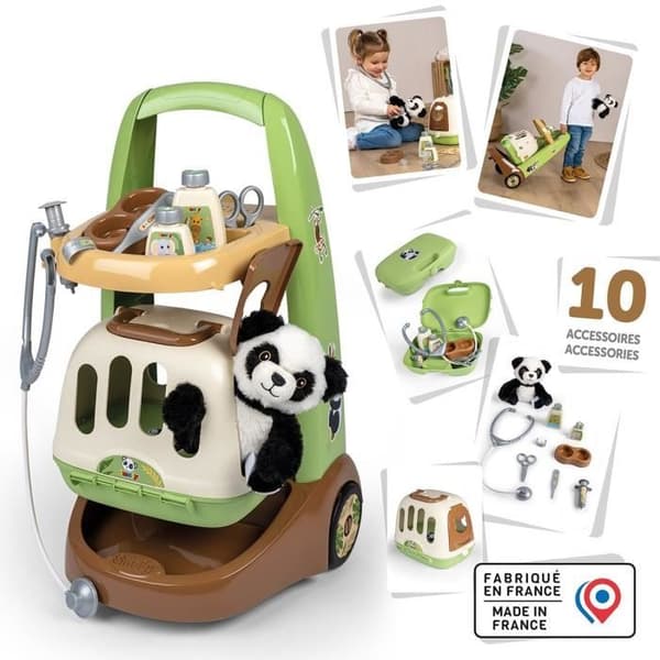 Smoby - Zoo Veterinarian Trolley - Panda Plysch - Många tillbehör ingår - 2 i 1 produkt: Transportbur - Tillverkning