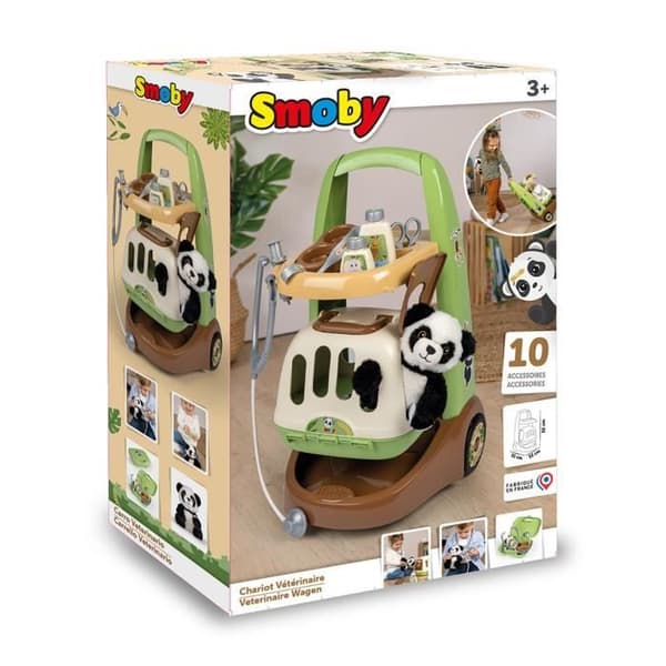 Smoby - Zoo Veterinarian Trolley - Panda Plysch - Många tillbehör ingår - 2 i 1 produkt: Transportbur - Tillverkning