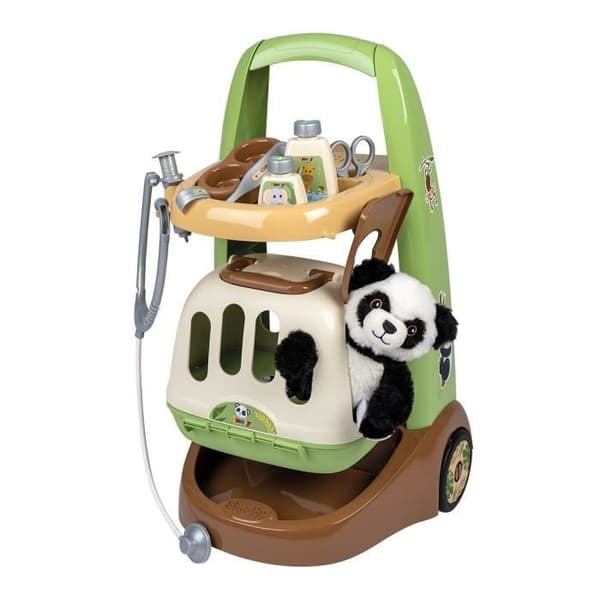 Smoby - Zoo Veterinarian Trolley - Panda Plysch - Många tillbehör ingår - 2 i 1 produkt: Transportbur - Tillverkning