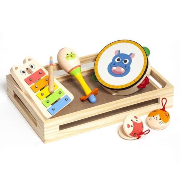 Trämusikinstrumentset - MOLTO - Tamburin, maraca, xylofon, kastanjetter - Barn - Flerfärgad