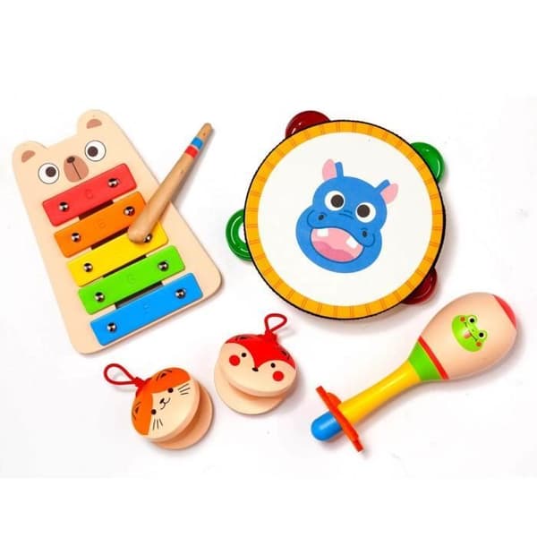 Trämusikinstrumentset - MOLTO - Tamburin, maraca, xylofon, kastanjetter - Barn - Flerfärgad