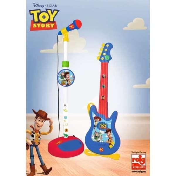 DISNEY TOY STORY 4-strängade gitarr- och mikrofonset - Drivs av 4 x 1,5V batterier (typ AA-R6)
