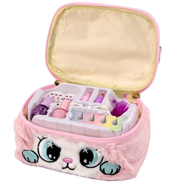 Sminkset för Barn i Plysch Necessär med Kattmotiv | Nagellack, Läppstift & Tillbehör