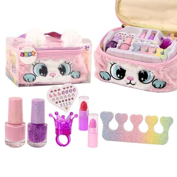 Sminkset för Barn i Plysch Necessär med Kattmotiv | Nagellack, Läppstift & Tillbehör