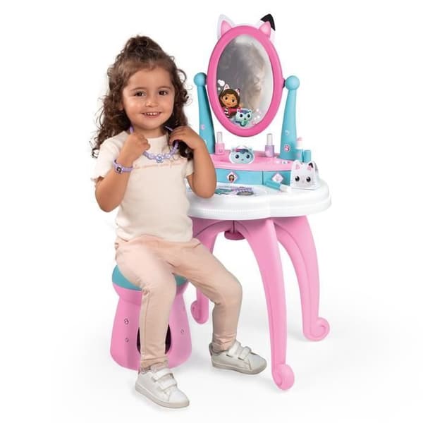 Smoby - Gabby ja Taikatalo - 2-in-1 lasten meikkipöytä - Jakkara sisältyy hintaan - 12 tarviketta - Säädettävä peili