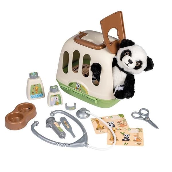 Smoby - Veterinärväska - 1 panda plyschleksak och många tillbehör - 2 i 1 produkt: Transportbur