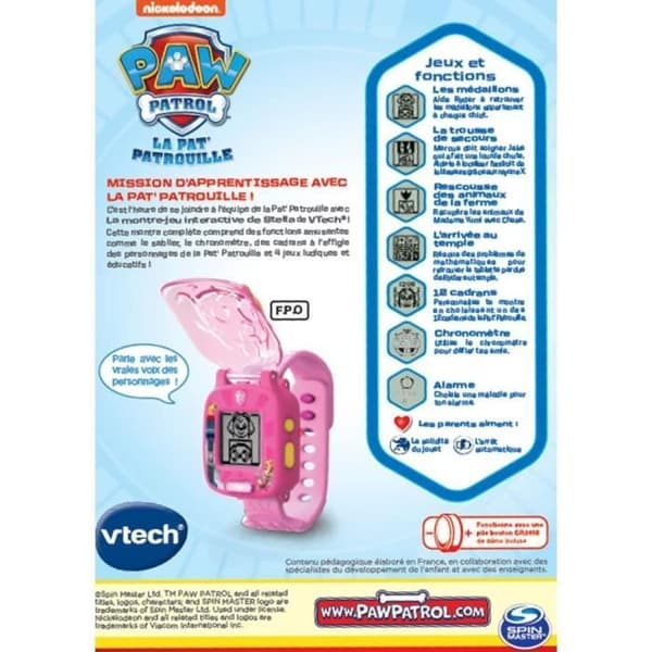 Stellas interaktiva spelklocka - VTECH - Paw Patrol - Animerad skärm - 4 spel - 12 rattar - Rosa