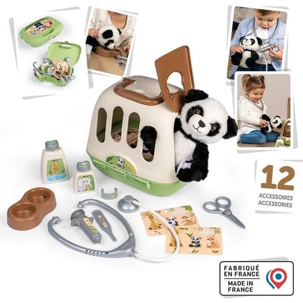 Smoby - Dyrelægetui - 1 panda plysdyr og meget tilbehør - 2 i 1 produkt: Transportbur