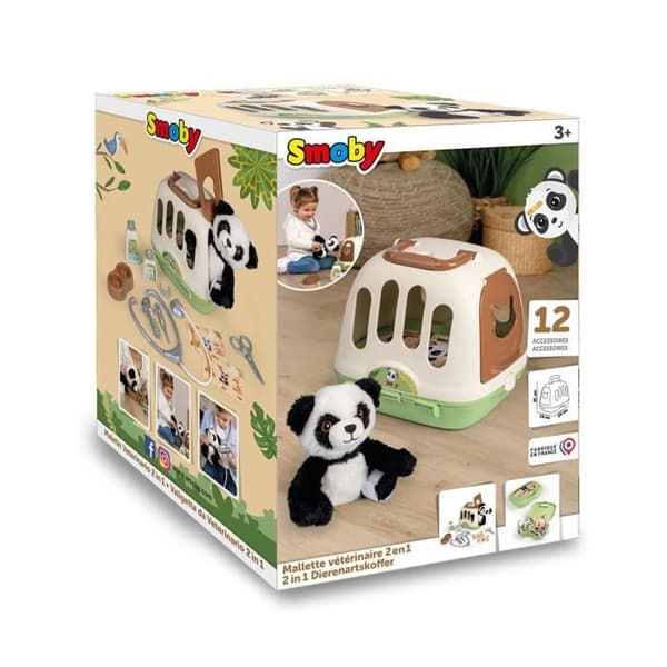 Smoby - Dyrelægetui - 1 panda plysdyr og meget tilbehør - 2 i 1 produkt: Transportbur