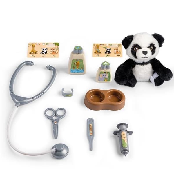 Smoby - Dyrelægetui - 1 panda plysdyr og meget tilbehør - 2 i 1 produkt: Transportbur