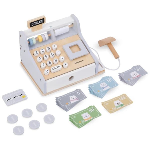 Mamabrum, træ kasseapparat med tilbehør, udstyret med numerisk tastatur, abacus og træ scanner, til børn fra 3 år