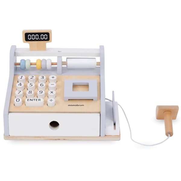Mamabrum, træ kasseapparat med tilbehør, udstyret med numerisk tastatur, abacus og træ scanner, til børn fra 3 år