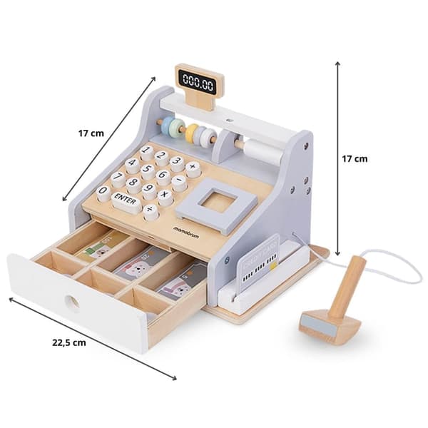 Mamabrum, træ kasseapparat med tilbehør, udstyret med numerisk tastatur, abacus og træ scanner, til børn fra 3 år