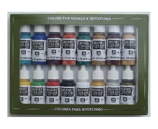 Vallejo 70.142, Blå, brons, Brun, Guld, Grön, Lila, Röd, Silver, Gul, Akrylfärg, Vätska, 17 ml, 16 styck |