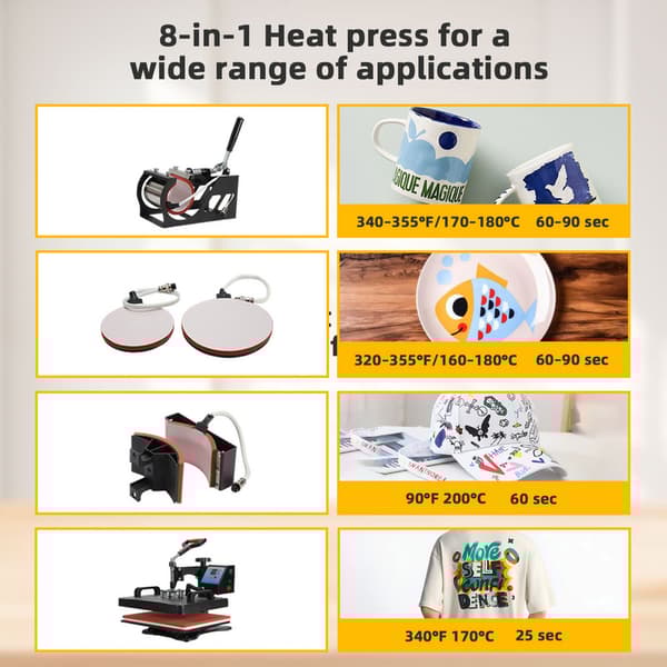 8 i 1 värmepress 1250 W multifunktionell T-shirt-värmepress med LED digital temperatur- och tidsregulator