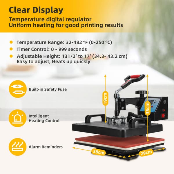 8 i 1 värmepress 1250 W multifunktionell T-shirt-värmepress med LED digital temperatur- och tidsregulator