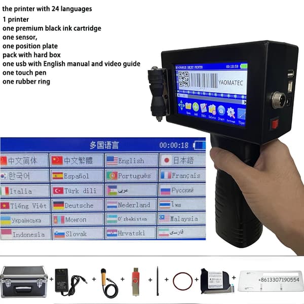 Håndholdt inkjetprinter, 600 DPI opløsning, 10 timers batterilevetid,printer 1 sort blæk