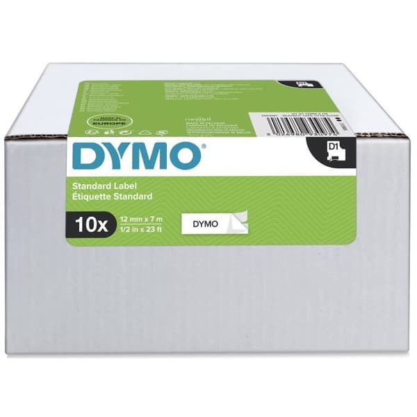 DYMO LabelManager-paket med 10 D1-tejpkassetter, Heavy Duty, Svart/Vit, 12 mm x 7 m