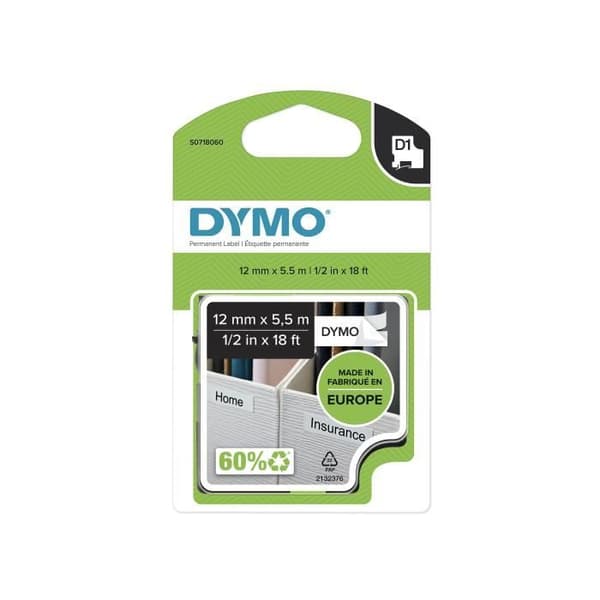 Kassettband D1 - DYMO - Polyester Permanent - 12mm x 5,5m - Svart/Vit - Effektiv etikettering