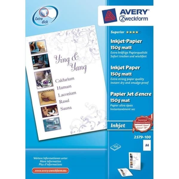 Ramette papper - AVERY - Superior A4 150g - Vit - 100 ark - Bläckstråle
