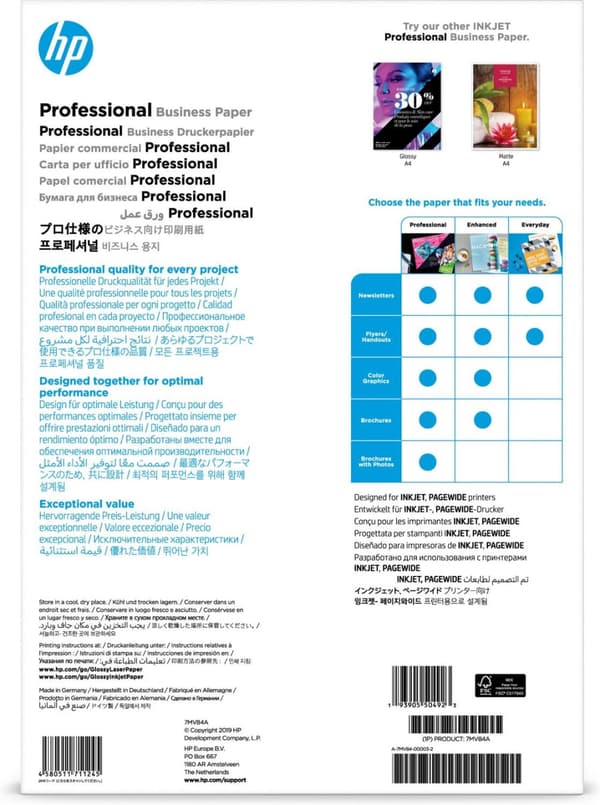 HP Professional glättat FSC-papper för flera användningsområden 180 gsm-150 sht/A3/297 x 420 mm Skrivarpapper A3 (297x420 mm) Glättat 150 ark Vit (7MV