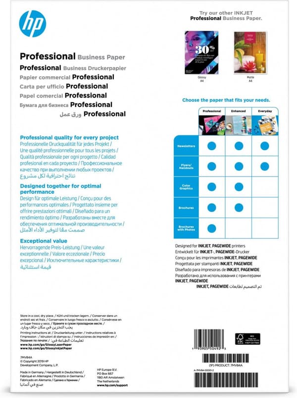 HP Professional glättat FSC-papper för flera användningsområden 180 gsm-150 sht/A3/297 x 420 mm Skrivarpapper A3 (297x420 mm) Glättat 150 ark Vit (7MV