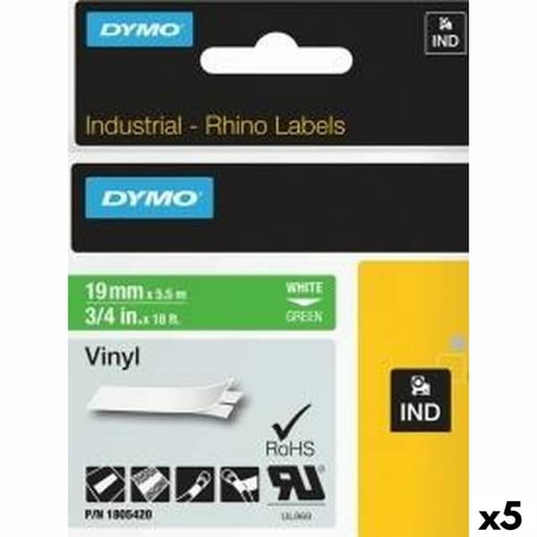 Lamineret tape til mærkningsmaskiner Rhino Dymo ID1-19 19 x 5,5 mm Hvid Grøn Lim Auto bindemidler (5 enheder)