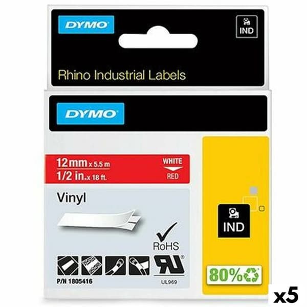 Lamineret tape til mærkningsmaskiner Rhino Dymo ID1-12 12 x 5,5 mm Rød Hvid Lim Auto bindemidler (5 enheder)