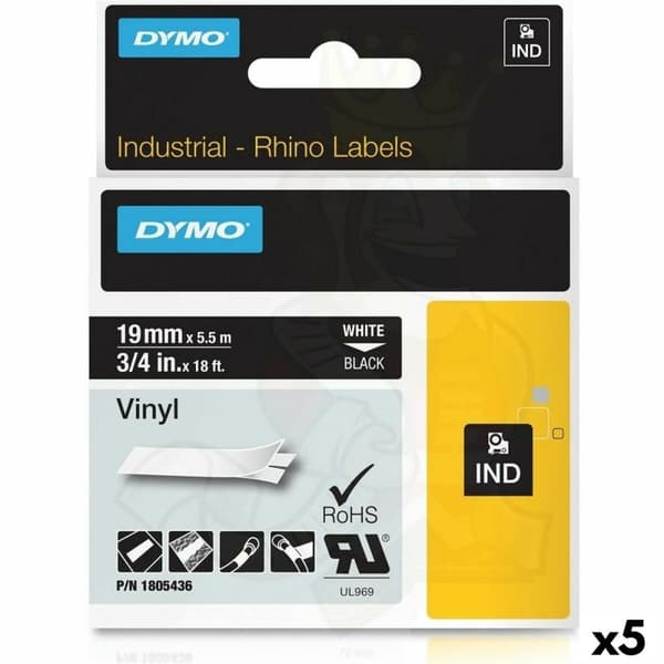 Lamineret tape til mærkningsmaskiner Rhino Dymo ID1-19 19 x 5,5 mm Sort Polyester Hvid Auto bindemidler (5 enheder)