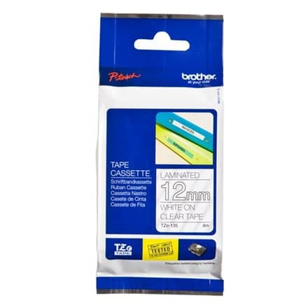 BROTHER TZE135 12mm WHITE ON CLEAR