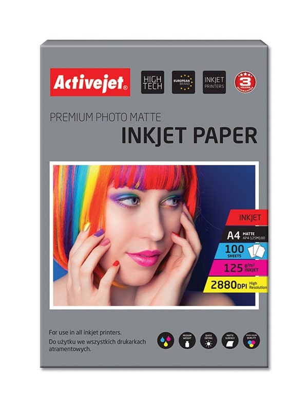 Activejet AP4-125M100 mattavalokuvapaperi mustetulostimille; A4; 100 kpl