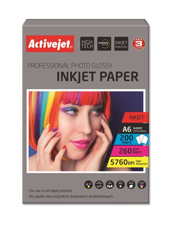 Activejet AP6-260GR200 fotopapir til blækprintere; A6; 200 stk; 10x15