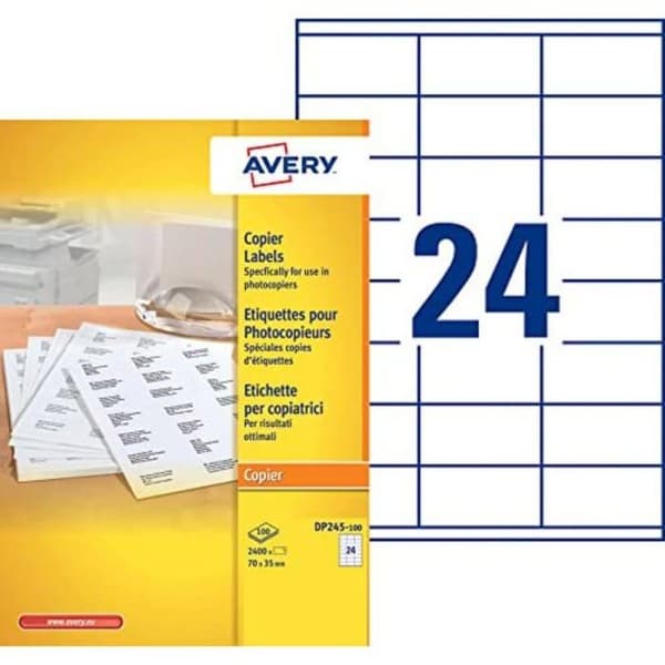 Avery - DP245-100 - Kartong med 2400 självhäftande etiketter för flera ändamål, format 70 x 35 mm, kopiatorutskrift, ()