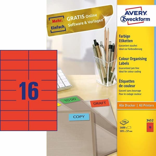Avery dennsion zweckform - 3452 - AVERY/Zweckform etiketter, 105 x 37 mm, röd, utan ram