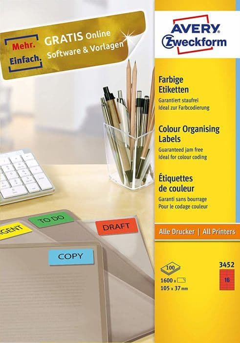 Avery dennsion zweckform - 3452 - AVERY/Zweckform etiketter, 105 x 37 mm, röd, utan ram