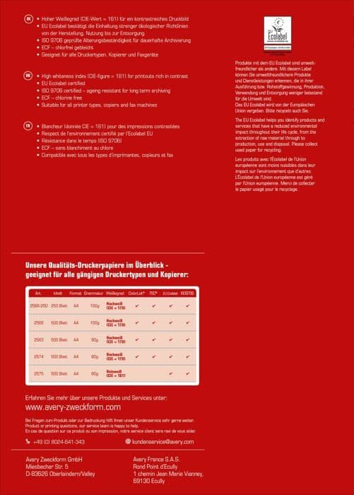 Avery Dennison 2575 Utskrifts- och kopieringspapper A4 / 80 g 5 x 500 ark (import från Tyskland)
