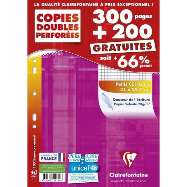 Dubbelkopior - CLAIRE FONTAINE - 500 sidor - 21x29,7 cm - 90g - Blandat