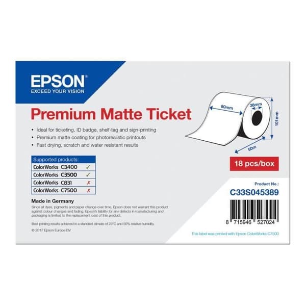 Epson Premium Matrulle (8 cm x 50 m) 1 rulle(r) biljetter för Epson GP-C831, TM-C3400-LT; ColorWorks TM-C7500, TM-C7500G; TM...