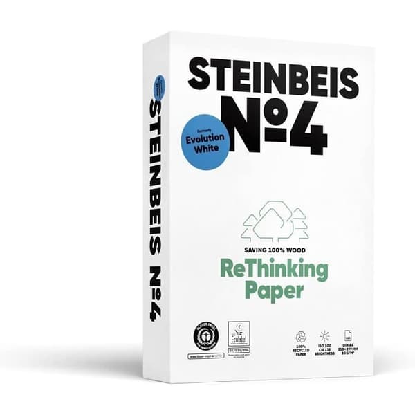 Paket av 100 % återvunnet STEINBEIS N°4 EVOLUTION WHITE papper, naturlig nyans, 80g, A4