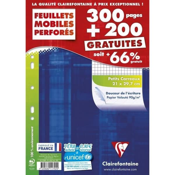 Ark - CLAIRE FONTAINE - Små rutor - 500 sidor - 21x29,7 cm - 90g