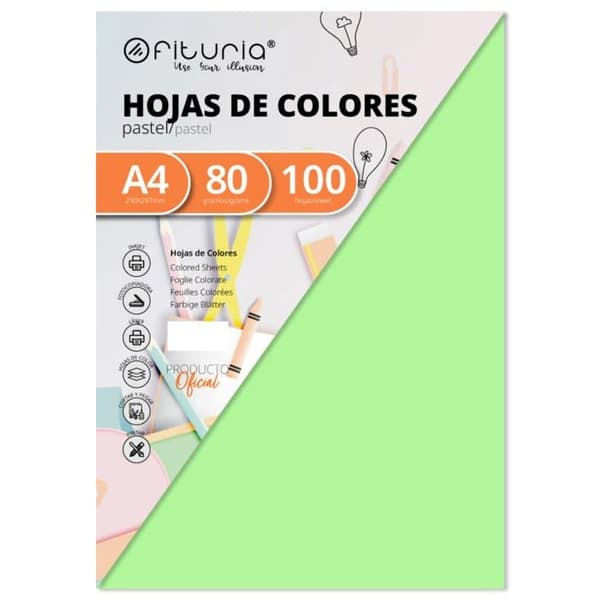 Skrivarpapper - förpackning - rulle Ofituria - FAB-15614 - 100 förpackningar om 100 Hojas Color Verde Claro Tamano A4 80g