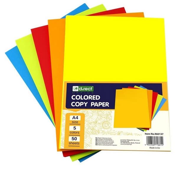 D.rect - 960137 - Paket med 250 färgade A4-papper för kopieringsmaskin - Blandning av 5 färger med 50 A4-ark