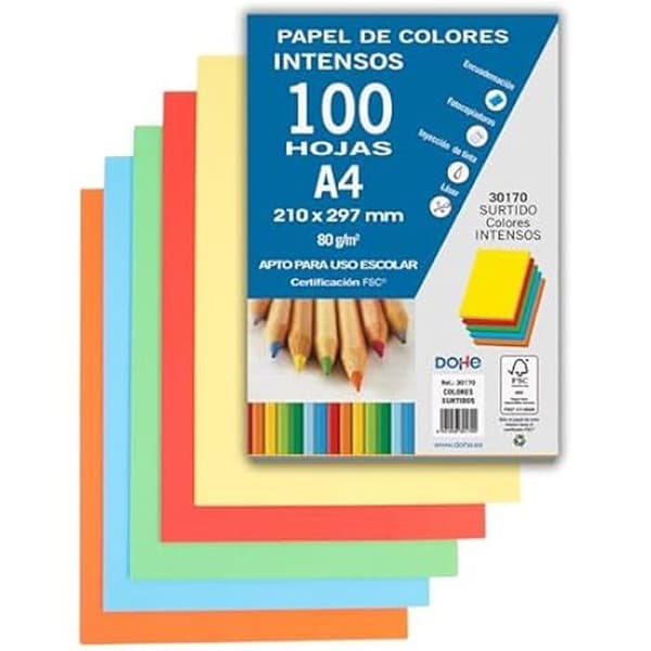 Färgat A4-papper - DOHE - 80 g - Assortiment av intensiva färger - 100 ark - Multifunktionellt