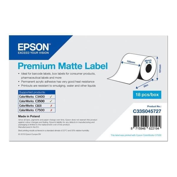 Permanent självhäftande matt papper - Epson - A6 - Vit glansig - 10,5 cm x 35 m - 1 rulle